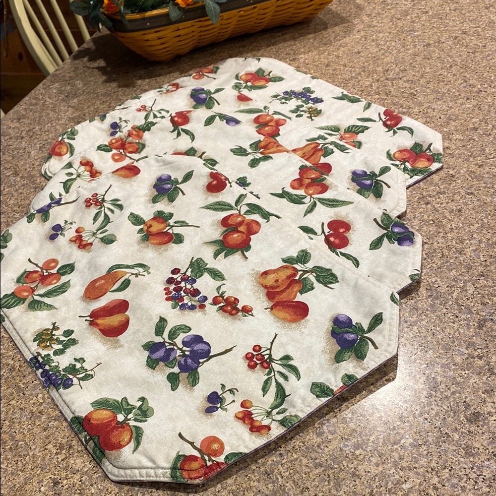 Longaberger 4 Placemats Fruit Medley and Blueberry Plaid USED WITH FADING/STAINS